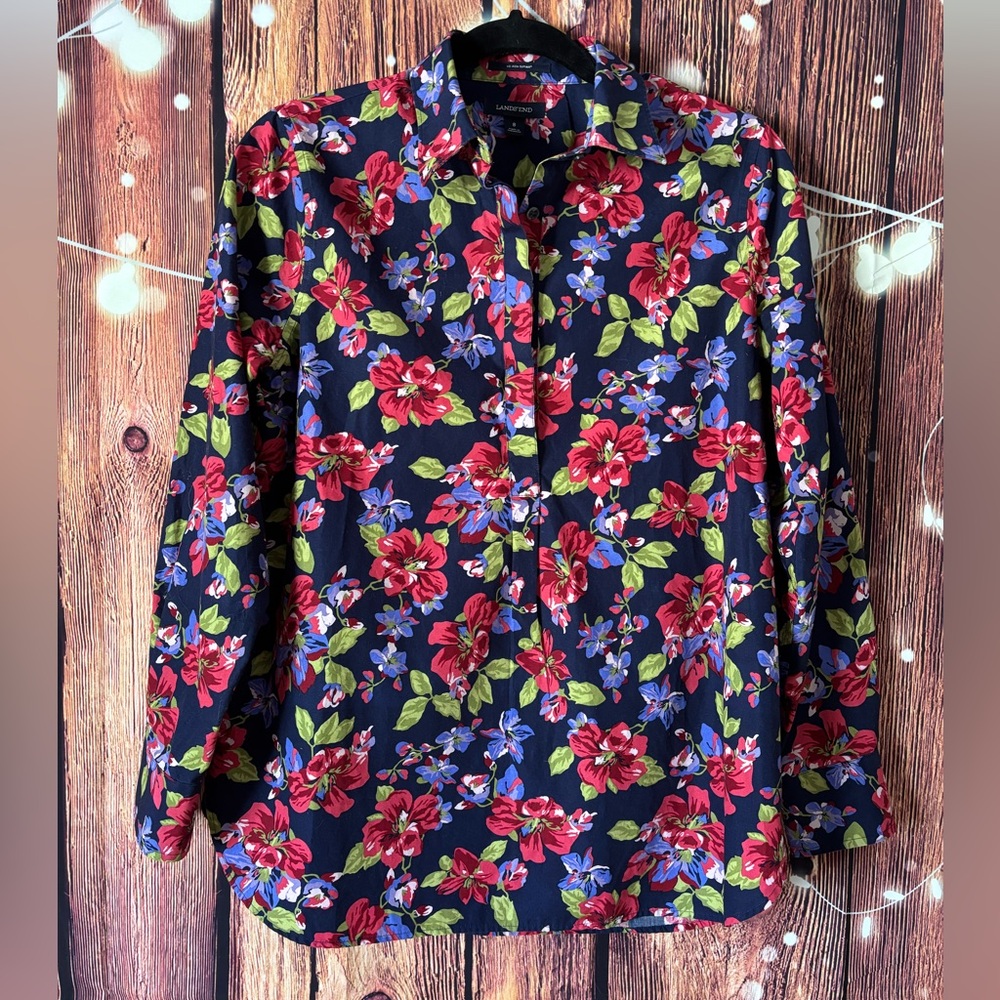 Lands' End Floral No Iron Shirt with Red and Blue Accents